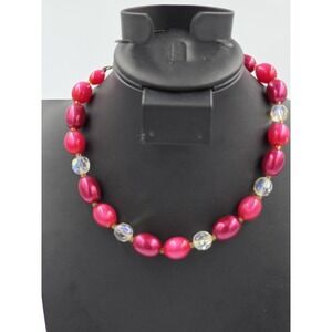Vintage Fuchsia Pink Beaded Necklace Clear AB Crystal Statement Choker Style